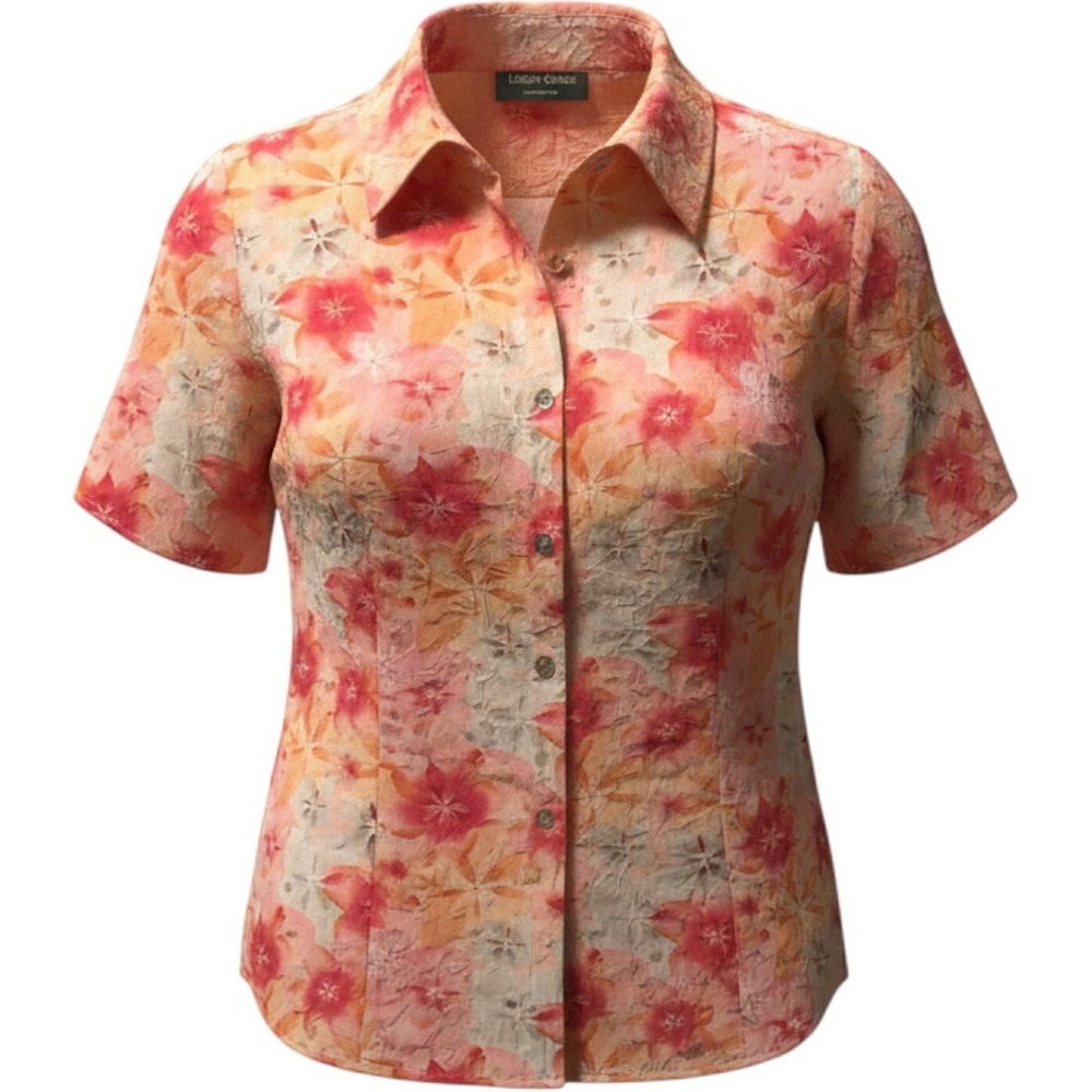Lemon Grass Studio Pink Orange Floral Crinkle Button Front Blouse Large